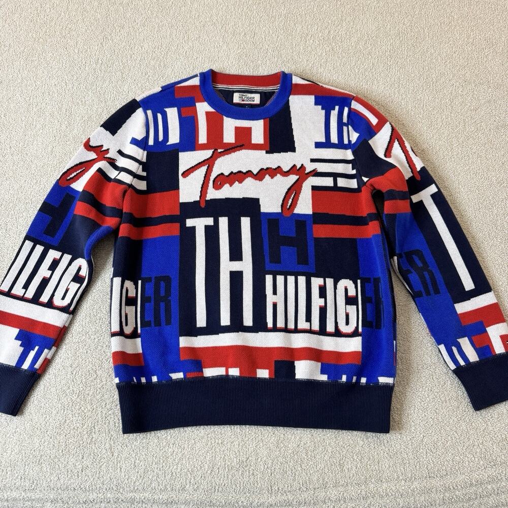 Vintage Retro Y2K Tommy Hilfiger Sweater All Over Graffiti Print Size Medium